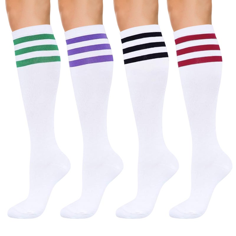 YEJIMONG Knee High Socks for Women â€“ 4 Pairs Bright Striped Cotton Long Socks for Fashion & School, White Multi Stripe, Size 6-10 (White(Red/Black/Purple/Green)) - Image 1